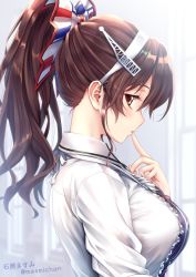 1girl ashigara_(kancolle) ashigara_kai_ni_(kancolle) blurry blurry_background blush breasts brown_eyes brown_hair collared_shirt day female_focus finger_to_mouth from_side hair_between_eyes hair_ornament hair_ribbon hairband highres indoors ishihara_masumi kantai_collection large_breasts long_hair looking_at_viewer parted_lips pointing pointing_at_self ponytail profile ribbon shirt sidelocks solo twitter_username wavy_hair white_hairband white_shirt