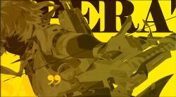 Rule 34 | 1girl, absurdres, aiming, arrow (projectile), asaba harumasa, bow (weapon), character name, closed mouth, earpiece, english text, gloves, highres, holding, holding arrow, holding bow (weapon), holding weapon, jacket, limited palette, looking at viewer, mindscape cinema (zenless zone zero), monochrome, necktie, official art, quiver, short hair, smile, solo, upper body, weapon, yellow background, yellow theme, zenless zone zero