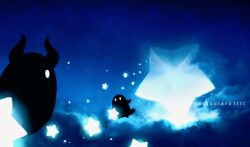 artist_name cloud creature english_text flying glowing highres horns hoshikui night night_sky no_humans original shoutarou_(shoutarotttt) silhouette sky star_(sky) star_(symbol)