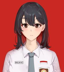 1girl arumanis black_hair brown_eyes character_name closed_mouth collared_shirt colored_inner_hair commentary grey_necktie hair_between_eyes highres indonesian_commentary indonesian_flag indonesian_high_school_uniform jewelry looking_at_viewer medium_hair multicolored_hair name_tag necklace necktie original portrait red_background red_hair school_uniform shirt simple_background solo white_shirt
