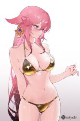 1girl alternate_costume animal_ears bare_shoulders bikini blush breasts cleavage closed_mouth commentary earrings fingernails fox_ears gem genshin_impact gold_bikini golden_week golden_week_bikini hair_between_eyes highres jewelry large_breasts long_hair miychi nail_polish navel pink_hair pink_nails purple_eyes purple_gemstone solo stomach swimsuit twitter_username twitter_x_logo very_long_hair white_background yae_miko