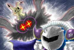 +_+ armor cape creatures_(company) game_freak gen_7_pokemon gloves highres kicdon kirby_(series) mask meta_knight mimikyu nintendo no_humans pauldrons pokemon pokemon_(creature) purple_cape shoulder_armor super_smash_bros. white_gloves