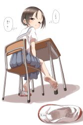 1girl absurdres aki_(user_scjt4422) barefoot brown_eyes brown_hair chair desk feet highres looking_back original parted_lips school_chair school_desk school_uniform serafuku shoes short_hair soles toes translated unworn_shoes uwabaki