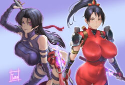 2girls abs arm_guards armor ass aura bent_over black_hair bodysuit breasts bug butterfly butterfly_wings covered_erect_nipples covered_navel cowboy_shot crossover dual_wielding earrings energy energy_wings facial_tattoo fingerless_gloves gloves glowing glowing_weapon grey_background highleg highleg_leotard highres holding holding_sword holding_weapon hoop_earrings insect insect_wings jewelry kodachi large_breasts leotard long_hair marvel marvel_rivals multiple_girls ninja ponytail psylocke psylocke_(vengeance) purple_leotard red_bodysuit short_sword shoulder_armor simple_background single_bare_shoulder skin_tight sleeveless sleeveless_bodysuit solo soul_calibur soulcalibur soulcalibur_ii sword taki_(soulcalibur) tattoo thong_leotard tomo_eokaiteru weapon wings x-men