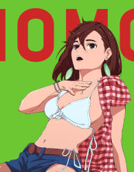 Rule 34 | 1girl, absurdres, ayase momo, big chunger, bikini, blue shorts, bracelet, breasts, brown eyes, brown hair, dandadan, denim, denim shorts, earrings, green background, hair between eyes, highres, jewelry, medium breasts, medium hair, navel, open mouth, plaid clothes, plaid shirt, red shirt, shirt, shorts, solo, swimsuit, white bikini