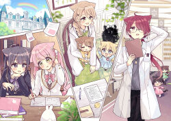 6+girls :d absurdres animal_ear_fluff animal_ears arms_up black_hair black_jacket black_pants blazer blonde_hair blue_sky blush book book_stack bow braid brown_eyes brown_hair building cat_ears cat_girl cat_tail closed_eyes cloud collared_shirt commentary_request dress dress_shirt drooling fang fushigi_na_neko_no_machi_meltier fuu_(fushigi_na_neko_no_machi_meltier) glasses green_dress green_eyes grey_shirt hair_over_one_eye hair_over_shoulder haru_(fushigi_na_neko_no_machi_meltier) head_tilt highres hime_(fushigi_na_neko_no_machi_meltier) holding holding_pen jacket lab_coat long_hair makia_(fushigi_na_neko_no_machi_meltier) mini_person minigirl moco_(fushigi_na_neko_no_machi_meltier) mouth_drool multiple_girls naa_(fushigi_na_neko_no_machi_meltier) nagi_(fushigi_na_neko_no_machi_meltier) open_clothes open_mouth pants parted_lips pen pink_bow plaid_bow ponytail purple_bow rainbow red_eyes red_hair rucora_(fushigi_na_neko_no_machi_meltier) sakura_oriko school_uniform shirt single_braid sky sleeping smile sweater_vest tail twintails very_long_hair white_jacket white_shirt window