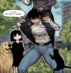 2others 4girls abysse_(ayaki_blade) ayaki_blade belt black_eyes black_hair black_pants blue_pants blush book breasts cat clothes_writing collared_shirt commentary covered_abs day dog english_commentary english_text heavy_breathing highres holding holding_book human_tower long_sleeves looking_at_another medium_breasts multiple_girls multiple_others no_pupils original pants reading sally_(ayaki_blade) shirt sitting_on_shoulder sleeves_past_wrists speech_bubble sports_bra stacking strong sweat sweaty_clothes sylense_(ayaki_blade) thick_thighs thighs tomoka_(ayaki_blade) underwear_writing white_shirt