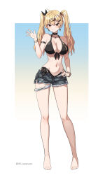 1girl bikini black_bikini black_gold_bunny_(takanashi_kei) black_shorts blue_background breasts brown_eyes commentary_request denim denim_shorts full_body gradient_background hair_ornament hairclip hand_up highres large_breasts looking_at_viewer medium_hair navel original short_shorts shorts smile solo standing stomach swimsuit takanashi_kei_(hitsujikan) twintails twitter_username yellow_background zipper