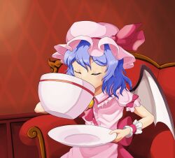 1girl absurdres ascot bat_wings blue_hair chair closed_eyes commentary cup dress drinking english_commentary facing_viewer frilled_dress frilled_wrist_cuffs frills hat hat_ribbon highres holding holding_cup holding_saucer indoors oversized_object pink_dress pink_hat red_ascot remilia_scarlet ribbon saucer short_sleeves sitting solo teacup toogeruu touhou vampire wallpaper_(object) wings wrist_cuffs yellow_brooch