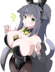 1girl :o absurdres animal_ears arknights bare_shoulders between_breasts black_hair black_hairband black_leotard blush breasts brown_pantyhose cat_ears cat_girl cat_tail cleavage commentary fake_animal_ears glint green_eyes grey_jacket hairband highres jacket jessica_(arknights) jessica_the_liberated_(arknights) large_breasts leotard long_hair looking_at_viewer multicolored_hair off_shoulder open_clothes open_jacket pantyhose parted_lips ponytail purple_hair rabbit_ears simple_background solo spam_(spamham4506) strapless strapless_leotard streaked_hair sweat tail very_long_hair white_background