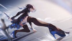 Rule 34 | 1girl, back cutout, black dress, black hair, black shoes, blue dress, blue eyes, blurry, blurry background, clothing cutout, commentary, counter:side, dagger, dress, elizabeth pendragon, grey background, hand on ground, hcl (hsiehdrew), high heels, highres, holding, holding dagger, holding knife, holding weapon, knife, leaning forward, long sleeves, looking at viewer, medium hair, planted, planted knife, planted weapon, reverse grip, shoes, sideways glance, solo, thighhighs, two-sided dress, two-sided fabric, weapon, zettai ryouiki