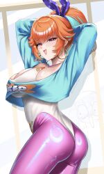1girl :d aqua_hair arms_up ass bow_hairband breasts burnt_green_tea cowboy_shot cropped_sweater earrings hairband highres hololive hololive_english hoop_earrings jewelry large_breasts leggings leotard multicolored_hair official_alternate_costume official_alternate_hairstyle open_mouth orange_hair pink_eyes purple_leggings smile solo takanashi_kiara takanashi_kiara_(fever_night) virtual_youtuber white_leotard