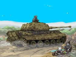 Rule 34 | 3boys, ammunition pouch, blue sky, brick wall, caterpillar tracks, cigarette, combat helmet, helmet, highres, holding, holding cigarette, military vehicle, motor vehicle, multiple boys, original, pouch, ruins, sky, smoking, stahlhelm, tank, tow hook, vehicle request, yabarn