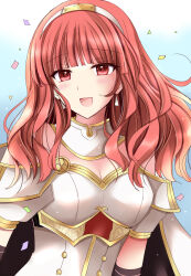 1girl armor breastplate breasts cape celica_(fire_emblem) choker cleavage commentary_request confetti dress earrings fire_emblem fire_emblem_echoes:_shadows_of_valentia jewelry kirishima_riona long_hair medium_breasts nintendo orange_hair princess red_eyes smile solo tiara white_dress
