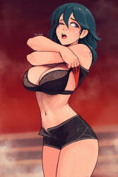 1girl absurdres black_bra black_shirt black_shorts blue_eyes blue_hair blush bra breasts cleavage clothes_lift female_byleth_(fire_emblem) fire_emblem fire_emblem:_three_houses hair_between_eyes highres hot lace lace-trimmed_bra lace_trim large_breasts long_hair looking_at_viewer midriff navel nintendo open_mouth raichiyo33 sauna shirt shirt_lift short_shorts shorts simple_background solo stomach sweat underwear undressing