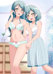 Rule 34 | 2girls, absurdres, aqua bra, aqua hair, aqua panties, arm grab, bang dream!, blurry, blurry background, bow, bow bra, bow panties, bra, braid, breasts, commentary request, commission, crotch seam, depth of field, frilled bra, frilled panties, frills, hand in own hair, highres, hikawa hina, hikawa sayo, indoors, kisaragi setsu (mssk8485), lace, lace-trimmed panties, lace trim, long hair, looking at viewer, medium breasts, medium hair, multiple girls, nightgown, open mouth, panties, partial commentary, pixiv commission, siblings, side braids, sisters, sleepwear, smile, standing, twin braids, underwear, underwear only, yellow eyes