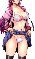 1girl bakemonogatari black_thighhighs blue_skirt bow bow_bra bow_panties bra breasts cameltoe cleavage clothes_lift collarbone collared_shirt commentary embroidered_bra embroidered_panties frown head_out_of_frame highres itachou lace lace-trimmed_bra lace-trimmed_panties lace_bra lace_panties lace_trim large_breasts lifting_own_clothes long_hair long_sleeves monogatari_(series) navel open_clothes open_shirt panties pink_bow pink_bra pink_panties pink_shirt pleated_skirt purple_hair school_uniform senjougahara_hitagi shirt simple_background skirt skirt_lift solo thighhighs two-tone_bra two-tone_panties underwear white_background