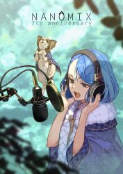 Rule 34 | 1girl, anniversary, blue eyes, blue hair, blue nails, blue shirt, chippu, commentary request, dog, dog request, english text, eyebrows hidden by hair, headphones, hidari (left side), highres, long sleeves, microphone, nano mikusu, nanomix, open mouth, parted bangs, second-party source, shirt, short hair, solo, teeth, upper body, upper teeth only