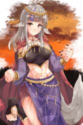 1girl alternate_costume animal_ears black_nails breasts cape circlet closed_mouth commission dancer detached_sleeves fingernails fire_emblem fire_emblem_fates fire_emblem_heroes fuussu_(21-kazin) grey_hair grey_tail leg_up long_hair medium_breasts multicolored_hair nail_polish navel nintendo purple_hair purple_skirt purple_sleeves red_cape red_eyes see-through_clothes see-through_sleeves side_slit skeb_commission skirt smile solo split_mouth streaked_hair tail toenail_polish toenails two-tone_hair velouria_(fire_emblem) wolf_ears wolf_girl wolf_tail