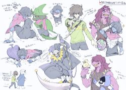 ... 2girls 2others 3boys absurdres animal animal_ears armlet armor baggy_pants bird black_eyes black_fur black_headwear black_jacket black_sclera black_shirt blue_gloves blue_hood blue_skin blue_tongue body_fur boots bracelet bracer brown_hair cape capelet chibi claws cloak clown clown_boy colored_sclera colored_skin colored_tongue cowboy_shot dagger deltarune duck english_text facing_down fang flying_sweatdrops frisk_(undertale) full_body furry furry_female furry_male gloves goat_boy goat_ears greaves green_cloak green_shirt grey_cape grey_hair grey_pants grey_shirt grin hair_lift hair_over_eyes hair_over_one_eye hand_in_own_hair hand_up harukazu hat heart heart_print high_heel_boots high_heels highres holding holding_scythe jacket jester jester_boy jester_cap jevil jewelry knee_up kneeling knife kris_(deltarune) lancer_(deltarune) long_hair long_sleeves long_tongue looking_at_another looking_at_viewer multiple_boys multiple_girls multiple_others multiple_views open_mouth orange_eyes pants pink_capelet pink_scarf pink_skin pointing pointy_ears purple_hair purple_headwear ralsei red_eyes reptile_girl round_eyewear sabaton scarf scythe shaded_face sharp_teeth shirt short_hair shoulder_armor simple_background sitting skin_fang sleeveless sleeveless_jacket smile spade_(shape) sparkle speech_bubble spiked_armlet spiked_bracelet spikes spoken_ellipsis squatting standing standing_on_one_leg susie_(deltarune) tail teeth throwing tongue tongue_out toriel translation_request undertale upper_body walking weapon white_background wizard_hat yellow_eyes yellow_teeth