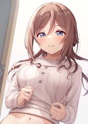 1girl absurdres blue_eyes blush breasts brown_hair closed_mouth commentary from_below gakuen_idolmaster highres himesaki_rinami idolmaster indoors large_breasts lifting_own_clothes long_hair long_sleeves looking_at_viewer looking_down navel smile solo stomach sweater toyasu_aina upper_body