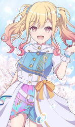 1girl :d absurdres belt blonde_hair blue_dress blue_shorts bracelet clothing_cutout cowboy_shot dress gradient_hair hair_ornament hair_scrunchie highres jewelry kakari_(user_gtds4527) looking_at_viewer medium_hair multicolored_hair musical_note musical_note_print musical_staff musical_staff_print official_alternate_costume open_mouth overskirt pink_eyes pink_hair project_sekai ribbon scrunchie short_sleeves shorts shorts_under_dress shoulder_cutout smile solo tenma_saki two-tone_dress unnamed_harmony_(project_sekai) white_belt white_dress wrist_scrunchie yellow_ribbon