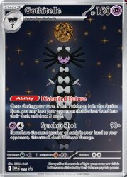 Rule 34 | artist name, bow, card (medium), closed eyes, closed mouth, company name, copyright name, copyright notice, full body, full moon, gen 5 pokemon, gothitelle, gothorita, moon, nintendo, official art, pokemon, pokemon (creature), pokemon card, pokemon focus, pokemon tcg, reflection, sakikeda, solo, standing, star (sky), third-party source, trading card, translation request, white bow