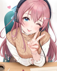 1girl blue_eyes blush bracelet hair_ornament hairclip head_tilt headphones highres jewelry long_hair looking_at_viewer necklace one_eye_closed original pink_hair sakuranamiki_otome seiyuu_radio_no_uraomote solo sweater sweater_vest tongue tongue_out tsukana_(saba_mizore) v