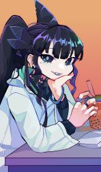 1girl absurdres artemis_of_the_blue atelier_live black_choker black_hair blue_tongue blunt_bangs bracelet bubble_tea choker colored_tongue diforland drinking_straw earrings gradient_background hair_ribbon hand_on_own_face highres hood hood_down hoodie jewelry looking_at_viewer mole mole_under_eye multiple_rings ponytail ribbon ring shark_fin shark_girl sharp_teeth sitting solo stud_earrings teeth upper_body virtual_youtuber white_hoodie