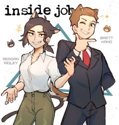 1boy 1girl animal_ears black_jacket black_pants brett_hand brown_hair cat_ears cat_tail character_name collared_shirt english_text formal_clothes grin highres inside_job jacket necktie one_eye_closed pants raneu_34 reagan_ridley red_necktie shirt smile suit tail teeth white_shirt