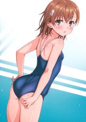 1girl absurdres ass bare_shoulders blue_one-piece_swimsuit blush breasts brown_eyes brown_hair clothes_pull from_behind hair_ornament hairpin highres isshi_pyuma looking_at_viewer looking_back medium_hair misaka_mikoto one-piece_swimsuit one-piece_swimsuit_pull open_mouth school_swimsuit shiny_skin short_hair shoulder_blades small_breasts solo standing swimsuit toaru_kagaku_no_railgun toaru_majutsu_no_index