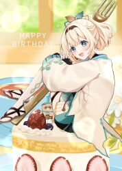1girl :d blonde_hair blue_ribbon blue_skirt blurry blurry_background brown_sandals cake commentary_request dated depth_of_field food fork fruit hair_ribbon happy_birthday highres hololive in_food indoors jacket kazama_iroha knees_up mini_person minigirl open_mouth plate pleated_skirt ponytail ribbon rino_cnc sandals sitting skirt smile solo strawberry thigh_strap thighhighs virtual_youtuber white_jacket white_thighhighs window zouri