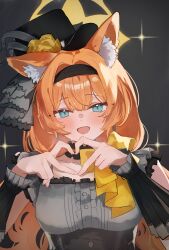 1girl absurdres animal_ear_fluff animal_ears black_choker black_dress black_hat blue_archive blue_eyes blush cat_ears cat_girl choker dress flower four-finger_heart_hands hair_between_eyes hair_flower hair_ornament hat hat_feather heart heart_hands highres kaedemaru long_hair looking_at_viewer mari_(blue_archive) mari_(idol)_(blue_archive) official_alternate_costume official_alternate_hairstyle open_mouth orange_hair ribbon sidelocks solo top_hat wrist_cuffs yellow_flower yellow_ribbon
