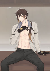 1boy abs bad_source blush bulge genshin_impact hand_on_own_chest open_clothes open_shirt rinrink20 solo spread_legs twitter zhongli_(genshin_impact)