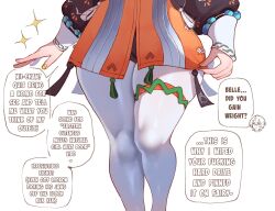 Rule 34 | 1boy, 1girl, belle (zenless zone zero), commentary, english commentary, english text, highres, long sleeves, lower body, nyantcha, official alternate costume, pantyhose, sparkle, speech bubble, thighs, white pantyhose, wise (zenless zone zero), yellow nails, zenless zone zero