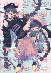 2girls absurdres alternate_costume bio_(bioshitto) black_boots black_hat black_jacket black_shirt black_skirt blue_jacket blush book boots braid buttons danganronpa:_trigger_happy_havoc danganronpa_(series) dual_persona ear_piercing earrings fukawa_toko genocider_shou glasses hat highres holding holding_book jacket jewelry long_hair long_skirt long_sleeves multiple_girls open_book open_clothes open_jacket piercing pink_hat pink_skirt purple_eyes purple_hair round_eyewear scissors shirt shoelaces shoes single_off_shoulder skirt sleeveless sleeveless_shirt tongue tongue_out twin_braids twintails twitter_username very_long_hair w white_shoes