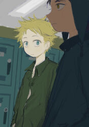 2boys animification black_hair blonde_hair blue_eyes chullo collared_shirt craig_tucker highres jacket kaixinchafang male_focus multiple_boys school shirt south_park tweek_tweak