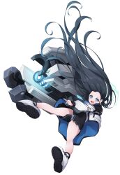 1girl :d absurdres aris_(blue_archive) black_hair black_skirt black_socks blue_archive blue_eyes blue_necktie commentary_request forehead full_body gun highres holding holding_gun holding_weapon jacket koflif long_hair long_sleeves necktie open_mouth panties pleated_skirt puffy_long_sleeves puffy_sleeves railgun shirt shoe_soles shoes simple_background skirt smile socks solo underwear upskirt v-shaped_eyebrows very_long_hair weapon white_background white_jacket white_panties white_shirt white_shoes