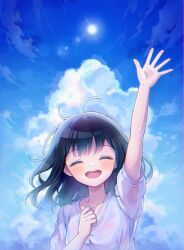 1girl absurdres arm_up black_hair blue_sky blush character_request closed_eyes cloud cumulonimbus_cloud facing_viewer highres medium_hair open_mouth outdoors shirt sky smile solo sun upper_body vocaloid waving white_shirt yeoryeong_030