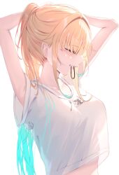 1girl adjusting_hair aizawa_ema aqua_hair arms_up blonde_hair blunt_ends breasts closed_eyes collarbone commentary_request crop_top eyes_visible_through_hair gradient_hair hair_intakes hair_over_eyes hair_tie_in_mouth haru_(haru83380282) highres large_breasts long_bangs mouth_hold multicolored_hair parted_lips ponytail print_shirt see-through_silhouette shirt short_sleeves sidelocks simple_background solo sweat tying_hair upper_body vspo! white_background white_shirt wide_sleeves
