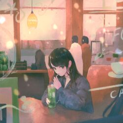 1girl black_eyes black_hair blue_jacket booth_seating cafe ceiling_light closed_mouth commentary_request cup drinking drinking_straw drinking_straw_in_mouth earrings food ice_cream ice_cream_float indoors jacket jewelry long_hair long_sleeves looking_at_viewer original people saisho_(qpoujr) table upper_body window