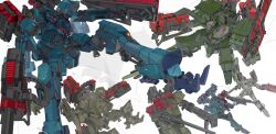 Rule 34 | absurdres, aiming, armored core, armored core vi: fires of rubicon, assault rifle, dual wielding, extra eyes, full body, g1 michigan, g2 nile, g3 wu huahai, g4 volta, g5 iguazu (armored core vi), g6 red, gatling gun, glowing, glowing eye, glowing eyes, gun, head bringer (armored core vi), highres, holding, holding gun, holding weapon, liger tail (armored core), mecha, mecha focus, minigun, missile pod, no humans, nslacka, rifle, robot, songbird (armored core), tetrapod, weapon