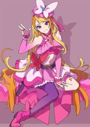 1girl bare_shoulders belt blonde_hair boots bow butterfly_earrings cure_butterfly earrings elbow_gloves fingerless_gloves gloves hair_bow hat hijiri_ageha hirogaru_sky!_precure isshoku_(shiki) jewelry long_hair looking_at_viewer magical_girl mini_hat mini_top_hat miniskirt multicolored_hair orange_hair pink_boots pink_hat pink_vest precure purple_eyes ring single_leg_pantyhose sitting skirt smile solo swept_bangs thigh_strap top_hat two-tone_hair very_long_hair vest victory_pose white_skirt