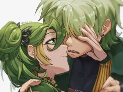 1boy 1girl 2024 black_bow black_gloves black_shirt blonde_hair boom_balloon_flower bow chinese_commentary closed_mouth collarbone collared_jacket commentary_request covered_eyes dated earrings face-to-face facing_another fingerless_gloves fingernails frills gloves green_eyes green_hair green_jacket hair_between_eyes hair_bow hair_over_eyes hand_on_another&#039;s_cheek hand_on_another&#039;s_face hand_on_another&#039;s_shoulder headbutter_lettuce jacket jewelry long_sleeves looking_at_another medium_hair multicolored_hair open_clothes open_jacket open_mouth personification plants_vs._zombies plants_vs._zombies_2 portrait profile sharp_teeth shirt side_ponytail simple_background smile streaked_hair striped_clothes stud_earrings teeth two-tone_hair veghia vertical-striped_clothes white_background
