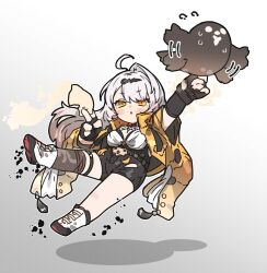 1girl :o ahoge amonitto arm_up between_fingers bird black_shorts blush boots breasts carrying carrying_person chibi commentary_request flapping floating_hair flying flying_sweatdrops full_body furisode_sleeves grey_hair hand_up heavy highres holding holding_ofuda jacket large_breasts long_hair looking_at_viewer ofuda ofuda_between_fingers open_clothes open_jacket open_mouth orange_jacket shirt short_shorts short_sleeves shorts simple_background single_hair_intake solo white_background white_boots white_shirt yellow_eyes yi_xuan_(zenless_zone_zero) zenless_zone_zero