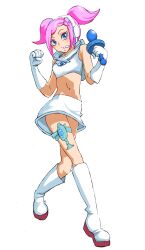 Rule 34 | 1girl, bare legs, bare shoulders, blue eyes, blush, boots, breasts, commentary, crossover, dancing, gloves, gun, holding, holding microphone, letter print, looking at viewer, microphone, midriff, mixed-language commentary, monolith soft, onnaski, open mouth, pink hair, project x zone, sega, short hair, solo, solo focus, space channel 5, thighs, twintails, ulala, weapon, white boots, white gloves