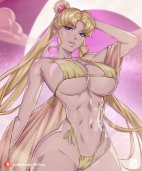 Rule 34 | 1girl, abs, artist name, arttoru, bikini, bishoujo senshi sailor moon, blonde hair, blue eyes, breasts, cloud, cowboy shot, crescent moon, double bun, hair bun, highleg, highleg bikini, highres, large breasts, lips, long hair, moon, parted lips, patreon logo, patreon username, side-tie bikini bottom, solo, standing, swimsuit, tsukino usagi, twintails, very long hair, watermark, web address, yellow bikini