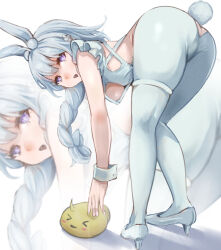 Rule 34 | 1girl, :o, absurdres, animal ears, ass, azur lane, bent over, blush, braid, braided ponytail, breasts, butt crack, from behind, from side, full body, high heels, highres, le malin (azur lane), le malin (listless lapin) (azur lane), leotard, long hair, manjuu (azur lane), midriff, pantyhose, picking up, purple eyes, rabbit ears, rabbit tail, small breasts, solo, standing, sukeke, tail, teeth, thigh strap, thighs, upper teeth only, very long hair, white hair, white leotard