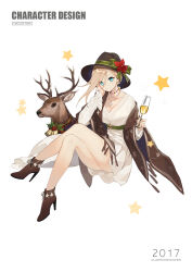 1girl 2017 alcohol artist_name asymmetrical_bangs bell black_bow blonde_hair blue_eyes boots bow breasts brown_boots brown_hat brown_shawl character_name cleavage closed_mouth collarbone commentary_request crescent_print crossed_legs cup dress drinking_glass english_text eyelashes flower footwear_bow frilled_sleeves frills fringe_trim full_body green_bow green_sash hand_on_own_cheek hand_on_own_face hat hat_bow hat_flower heart heart_print high_heel_boots high_heels highres holding holding_cup jingle_bell long_bangs long_sleeves looking_at_viewer medium_breasts mistletoe multicolored_nails no_panties original red_flower reindeer sash shawl shi-chen short_dress short_hair smile smiley_face snowflake_necklace snowflake_print solo star_(symbol) star_print watermark white_background white_dress wine wine_glass