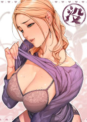 1girl black_bra black_panties blonde_hair blush bra breasts cleavage clothes_lift earrings female_focus green_eyes highres jewelry large_breasts lifting_own_clothes mature_female nail_polish naughty_face necklace oda_non panties parted_lips raised_eyebrows ribbed_sweater solo sweat sweater sweater_lift underwear
